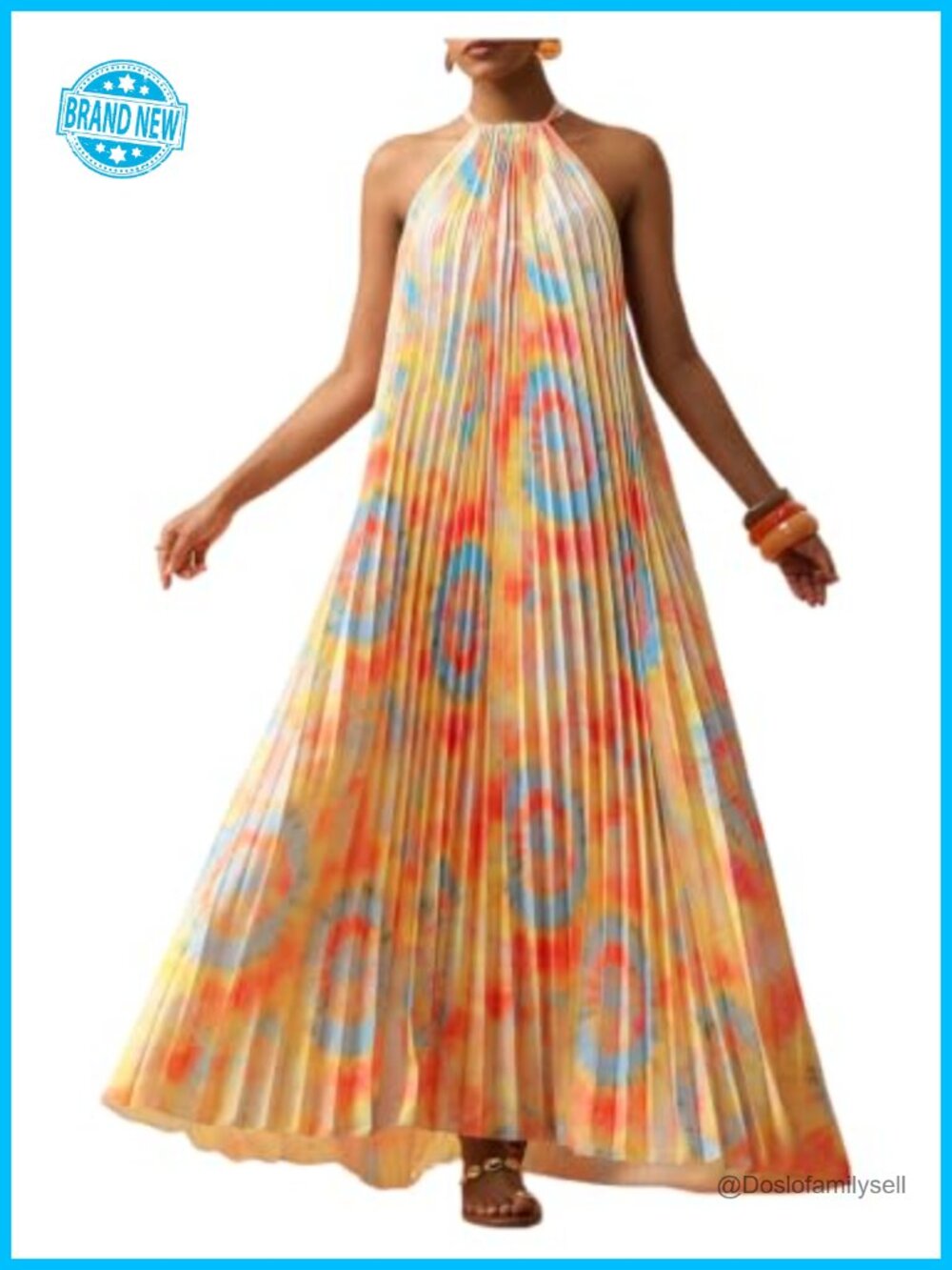 Women's Sleeveless Pleated Halter Maxi Wedding Guest Party Dress